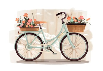 Cute drawing of a bicycle with colorful flowers in two baskets
