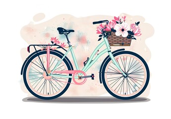 Illustration of an old bicycle with flowers in a basket
