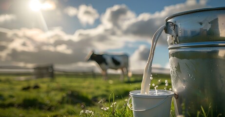 Milk poured from one container to another. In the background, a cow in a rural environment
