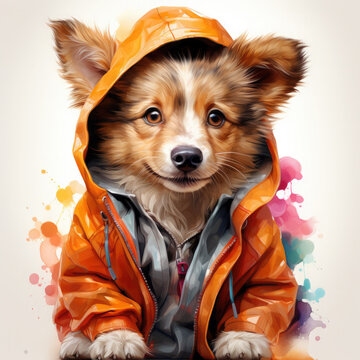 Watercolor Dog dressed in clothes, clipart Illustration, Generative Ai
