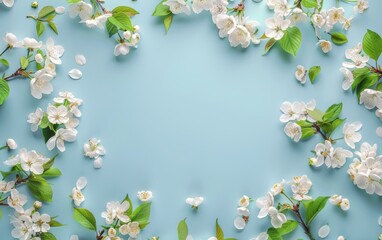 Obraz na płótnie Canvas Blue Background With White Flowers and Leaves