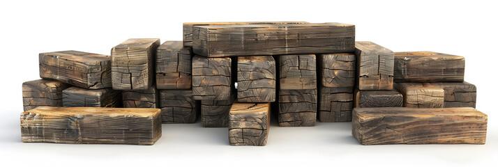 A stack of wooden planks and a pile of bricks on white .
 - obrazy, fototapety, plakaty