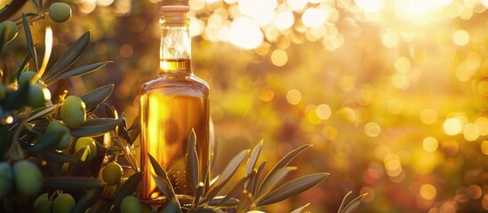 Olive Oil Bottle on Olive Tree