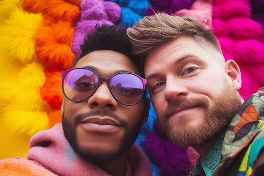Young couple take photos of each other smiling during the Gay Pride demonstration. Boys in love with colorful wall taking selfie photos. Concept of freedom and lifestyle