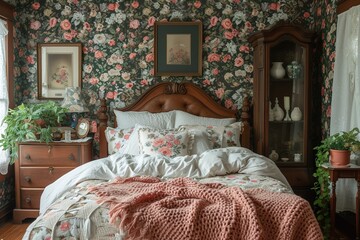 Cottagecore-inspired bedroom with floral wallpaper and vintage accessories,.