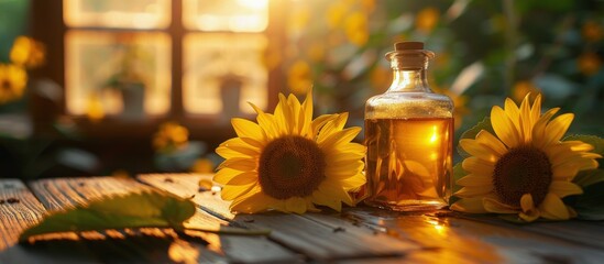 Bottle of Sunflower Oil on Table