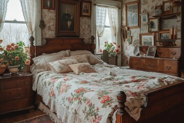 Cottagecore-inspired bedroom decor with vintage furniture and floral prints,.
