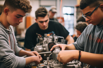 Young boy learns how to fix an engine. Student apprentice learns the trade. Working and learning concept. Mechanic school workshop lesson. Man work on car parts and learn how to repair engines