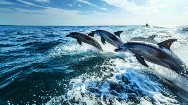 Tourists aboard a boat admiring playful dolphins leaping in the ocean, capturing unforgettable marine wildlife encounters