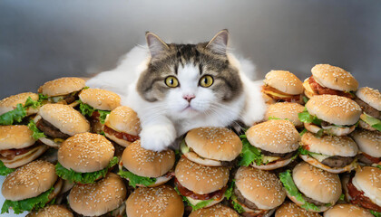 ハンバーガーの山に乗る猫