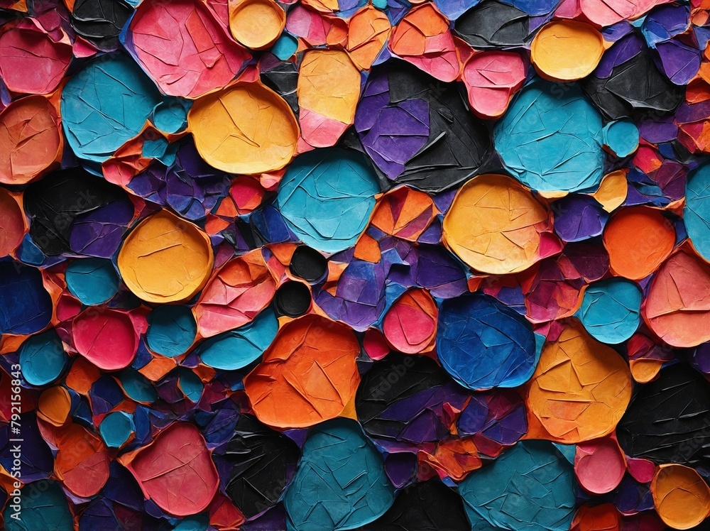 Poster visually striking mosaic created by colorful array of crumpled circles, each painted in vibrant hues