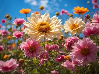 Fototapeta premium Vibrant display of flowers basks under clear blue sky, showcasing mix of colors that breathe life into scene. Central focus large, white flower with delicate petals radiating outwards.