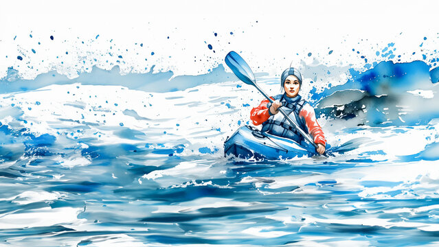 A woman kayaker battles turbulent waters, paddle raised, amidst splashing waves. The image is vibrant and dynamic
