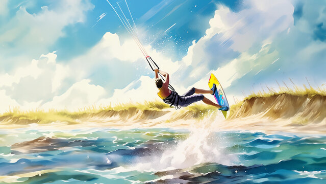 Kiteboarder soars above ocean waves, harnessing wind power. The dynamic scene captures energy and freedom