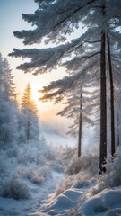 Fototapeta na wymiar Serene, tranquil scene unfolds as golden rays of sun pierce through dense, snowy forest, casting ethereal glow that illuminates frosty landscape. Towering pine trees, cloaked in thick layer of snow.