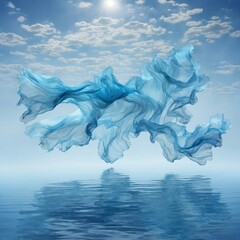 Formation of ethereal blue fabric floats gracefully above tranquil sea, suspended mid-air against backdrop of serene sky adorned with gentle clouds. Sun casts radiant glow.