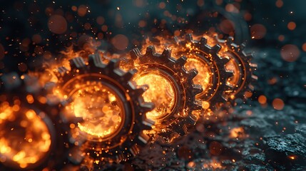 The synergy of the rotating gears triggered sparks, indicating a mechanism system problem. - obrazy, fototapety, plakaty