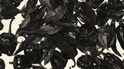 An artistic arrangement of hand drawn pepper patterns set against a backdrop of capsicums captured in black ink illustrations The vegetable silhouettes are skillfully rendered with brush st