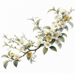 Spring Branch with Delicate White Flowers and Fresh Green Leaves