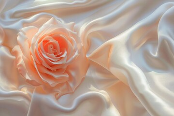 Pink rose peach white silk satin. Creases in fabric. Light luxury elegant background with space for design. Table top view, flat lay. Birthday, baby, newborn - generative ai