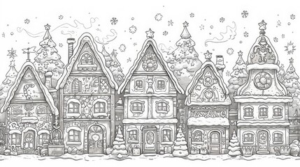 Capture the whimsical charm of a black and white gingerbread illustration designed for coloring perfect to evoke Christmas and holiday vibes