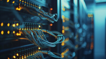 A computer server room with many cables and wires