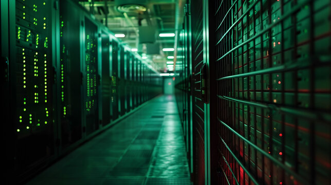 A long row of computer servers with green lights