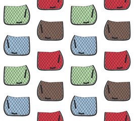 Vector seamless pattern of hand drawn doodle sketch colored horse equestrian saddle pad isolated on white background