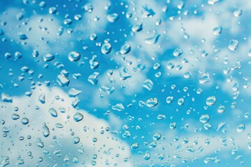 Rain drops on the glass. Beautiful blue and white sky. Sky background - generative ai
