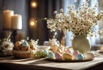 Obraz na płótnie Canvas 'celebrating Easter stylish decorated Table atmosphere light Background Food Flowers Nature Spring White Room Happy Green Color Celebration Glass Holiday Colorful Plate BeautifulBackground Food'