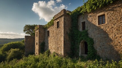 Fototapeta premium Sunlight illuminates ancient stone building, casting golden hue on scene. Building, overgrown with green ivy, stands amidst lush landscape. Various stages of decay evident, with some windows intact.