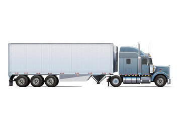 Iconic American semi-truck, standalone with trailer against white backdrop, seen from the side