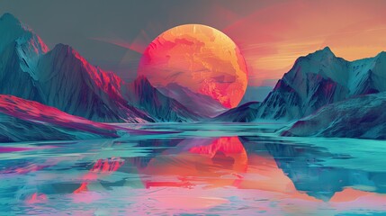 Abstracted landscape inspires travel with stylized background, the red sun and the blue peaks of the mountains - obrazy, fototapety, plakaty