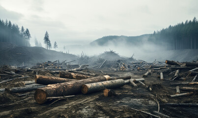 Dead forest in a foggy weather. Deforested landscape with cut trees
