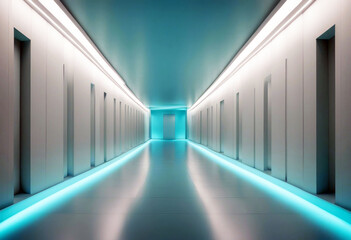 '3d corridor shining blue light illuminated empty abstract background three-dimensional digital...
