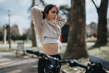 A fitness-conscious young woman pausing her bike ride in a sunlit park to stretch her arms, relax or fix her hair.