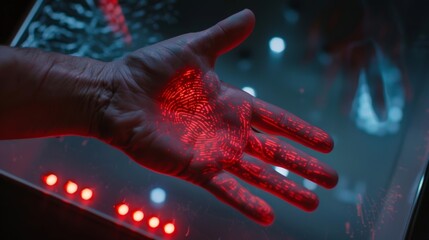 A handprint being matched against a database for identification purposes before granting access to a VIP event. .