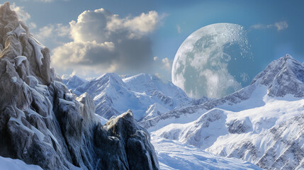 Grande lua nas montanhas nevadas - Paisagem 