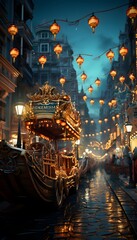 Night view of the famous old town of Paris, France. The streets of Paris are decorated with lanterns.
