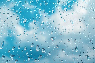Rain drops on the glass. Beautiful blue and white sky. Sky background - generative ai