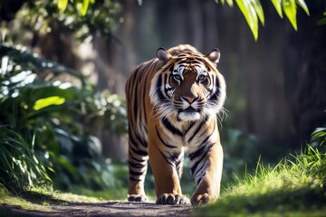 'camera tiger sumatran prowling proud big cat stripes endangered animal wildlife roaring roar angry dangerous calm resting carnivore' - obrazy, fototapety, plakaty