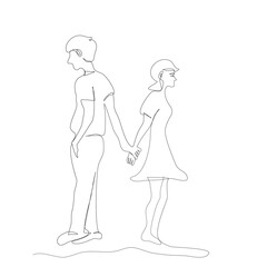 One line of Side view of Cute girl is walking from her boyfriend .A couple standing with their backs to each other, man hold onto woman’s wrist don’t want to break up vector in continuous line style.
