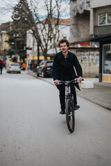 Obraz premium Casual young businessman with curly hair cycling on an urban road, showcasing eco-friendly commute in style.