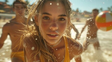 A vibrant woman in a yellow bathing suit playing beach volleyball against a backdrop of sandy...