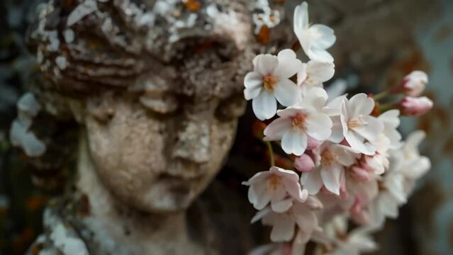 Pale pink cherry blossoms gently nestled against the face of an old, moss-covered Buddha statue. An image evoking the compassion of the Buddha, who has coexisted with nature for ages. 
