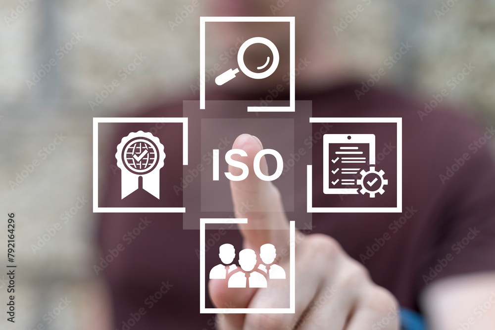 Poster man using virtual touchscreen clicks text: iso. iso standards quality control, assurance and warrant