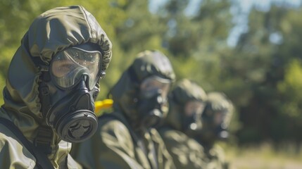 A group of soldiers demonstrating how to properly handle and dispose of hazardous materials during a CBRN defense training exercise. .