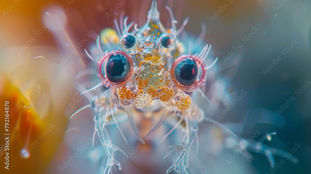Poster a zoomedin image of a tiny copepod its segmented body and large observant eyes giving it a curious a