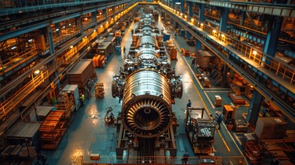 Modern color Photo of Workers in factory working on a Airbus engine