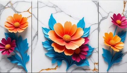Panel wall art marble Vivid Floral Triptych 3D Art on Marble Background  wall decoration created with generative ai - obrazy, fototapety, plakaty